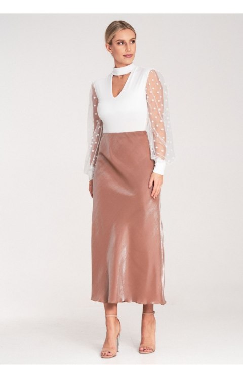 Spódnica Midi Satynowa Beżowa