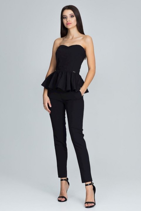 Elegancki komplet spodnie proste z gorsetem wykończonym falbanką czarny