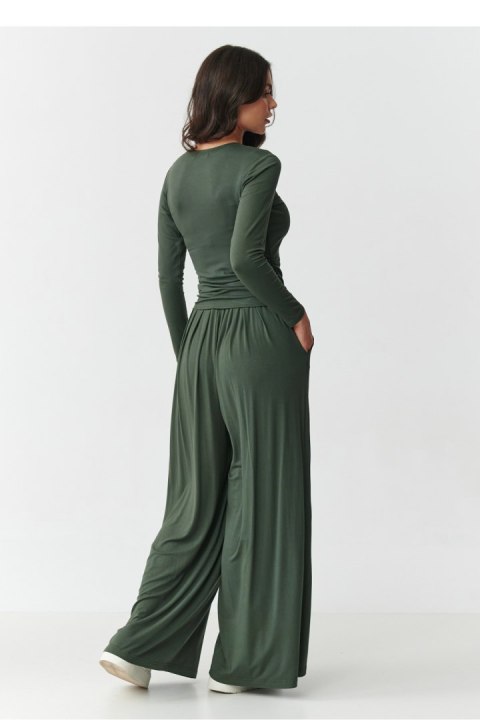 Komfortowy komplet bluzka z długim rękawem + szerokie spodnie  khaki