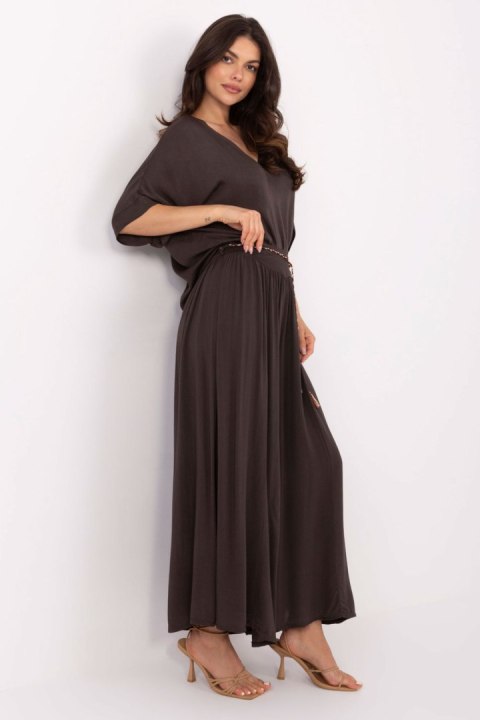 Wiskozowe Spodnie Z Wysokim Stanem Ciemny Brąz