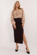Ołówkowa Spódnica Midi Z Rozcięciem Ciemny Brąz