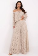 Szerokie Koronkowe Spodnie Beżowe