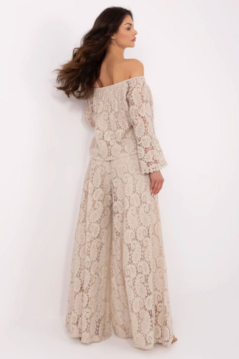 Szerokie Koronkowe Spodnie Beżowe