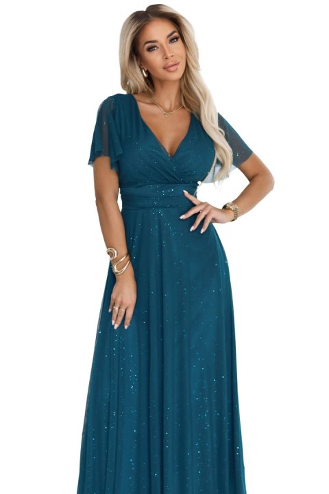 Elegancka sukienka maxi z kopertowym dekoltem i krótkim rękawem