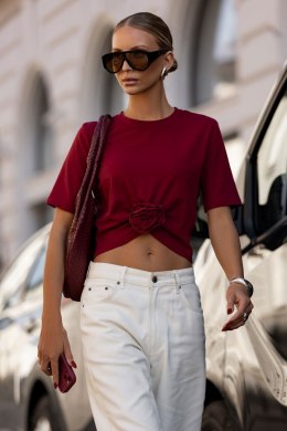 T-shirt Z Marszczeniem I Różą Bordo