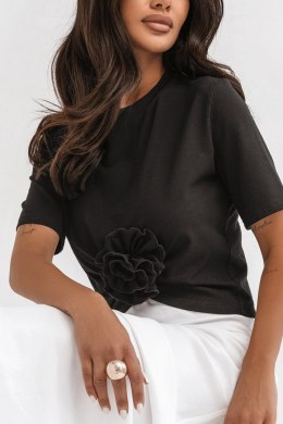 T-shirt Z Marszczeniem I Różą Czarny