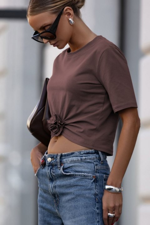 T-shirt Z Marszczeniem I Różą Czekoladowy