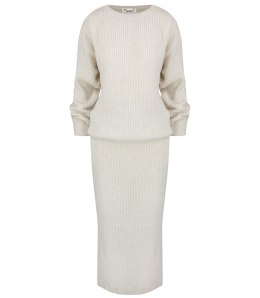Dzianinowy komplet sweter + spódnica w jednolitym kolorze beżowy