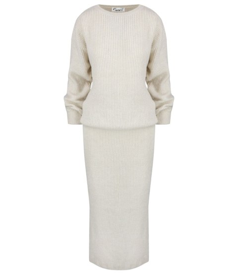 Dzianinowy komplet sweter + spódnica w jednolitym kolorze beżowy