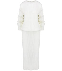 Dzianinowy komplet sweter + spódnica w jednolitym kolorze biały