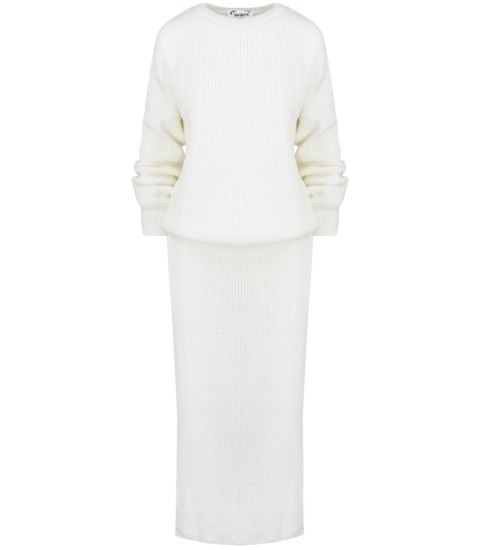 Dzianinowy komplet sweter + spódnica w jednolitym kolorze biały