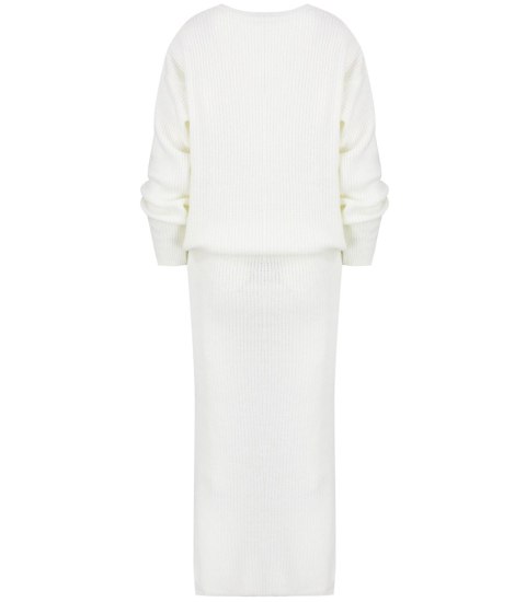 Dzianinowy komplet sweter + spódnica w jednolitym kolorze biały