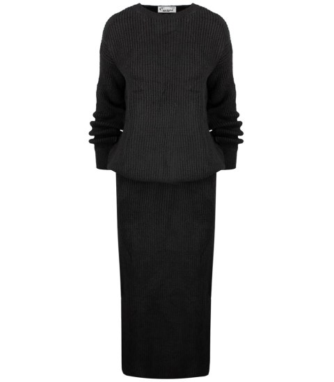 Dzianinowy komplet sweter + spódnica w jednolitym kolorze czarny