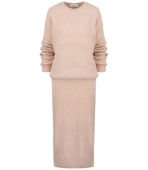 Dzianinowy komplet sweter + spódnica w jednolitym kolorze różowy