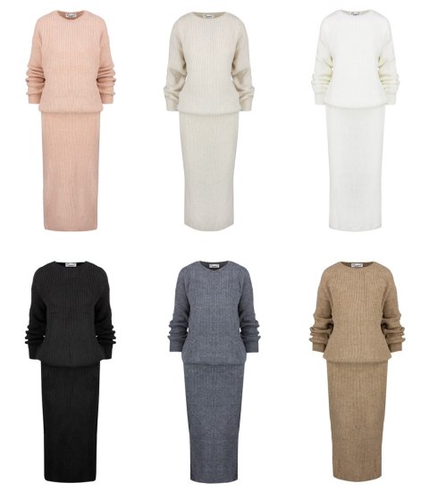 Dzianinowy komplet sweter + spódnica w jednolitym kolorze różowy