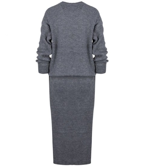 Dzianinowy komplet sweter + spódnica w jednolitym kolorze szary