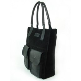 Czarny zamszowy worek Vera Pelle ,pojemna skórzana torba ,kieszenie XXL A4 BYC88N