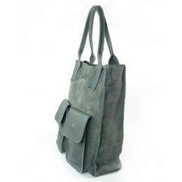 Szary zamszowy worek Vera Pelle ,pojemna skórzana torba ,kieszenie XXL A4 BYC88G