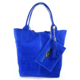 ZAMSZ NATURALNY WŁOSKA TORBA XL A4 SHOPPER BAG SKÓRZANA NIEBIESKA W567B