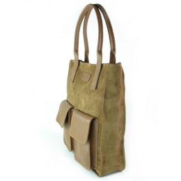 Zamszowy worek Vera Pelle ,pojemna skórzana torba ,kieszenie XXL A4 Carmel BYC88C