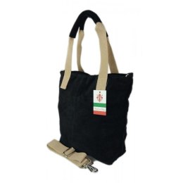 Miękki zamszowy worek na ramię ,pojemny Włoski shopper Vera Pelle ,Czarna W234N