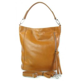 Włoski worek Vera Pelle camel srebrne okucia, pojemna torba A4 W585C