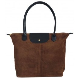 Duża zamszowa włoska torba XL- A4 , worek shopper na ramię Vera Pelle Beżowy z Czarnym VKA41TM