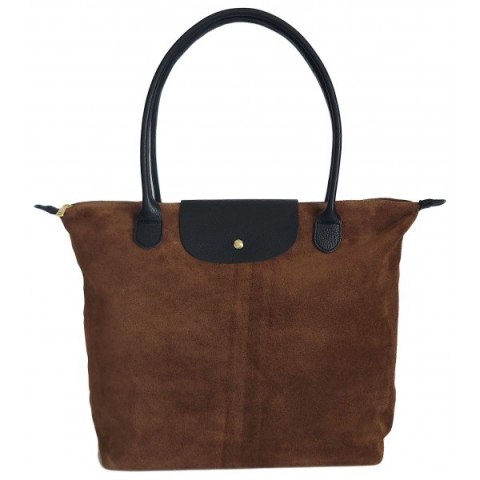 Duża zamszowa włoska torba XL- A4 , worek shopper na ramię Vera Pelle Beżowy z Czarnym VKA41TM