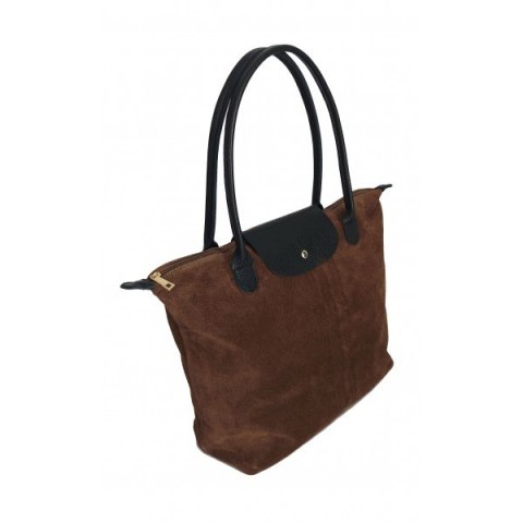 Duża zamszowa włoska torba XL- A4 , worek shopper na ramię Vera Pelle Beżowy z Czarnym VKA41TM