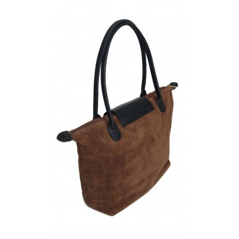 Duża zamszowa włoska torba XL- A4 , worek shopper na ramię Vera Pelle Beżowy z Czarnym VKA41TM