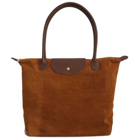 Duża zamszowa włoska torba XL- A4 , worek shopper na ramię Vera Pelle Camel z Brązem VKA41CM