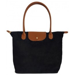 Duża zamszowa włoska torba XL- A4 , worek shopper na ramię Vera Pelle Czarny z Camelem VKA41NC