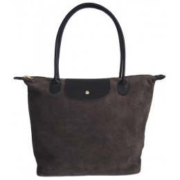 Duża zamszowa włoska torba XL- A4 , worek shopper na ramię Vera Pelle Szara z Czarnym VKA41GN