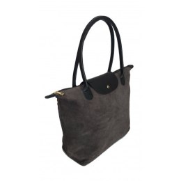 Duża zamszowa włoska torba XL- A4 , worek shopper na ramię Vera Pelle Szara z Czarnym VKA41GN