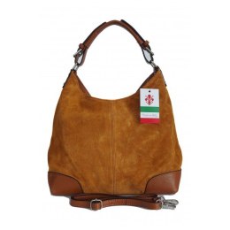 Skórzany Włoski worek ,torba na ramię Vera Pelle miękki zamsz ,pojemna Camel VORX33C