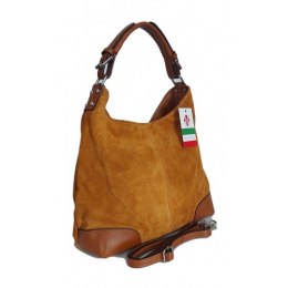 Skórzany Włoski worek ,torba na ramię Vera Pelle miękki zamsz ,pojemna Camel VORX33C