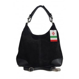 Skórzany Włoski worek ,torba na ramię Vera Pelle miękki zamsz ,pojemna Czarna VORX33N