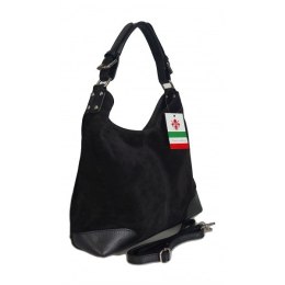 Skórzany Włoski worek ,torba na ramię Vera Pelle miękki zamsz ,pojemna Czarna VORX33N