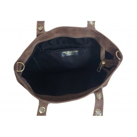 Skórzany Włoski worek ,torba na ramię Vera Pelle miękki zamsz złote dżety-kółka, pojemna A4 Beż WZK25T