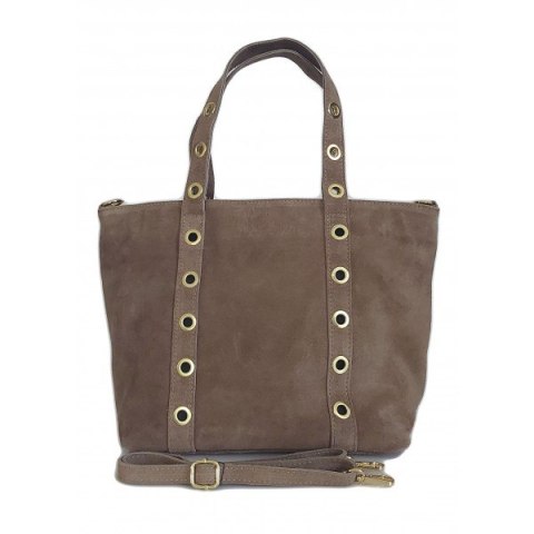 Skórzany Włoski worek ,torba na ramię Vera Pelle miękki zamsz złote dżety-kółka, pojemna A4 Beż WZK25T