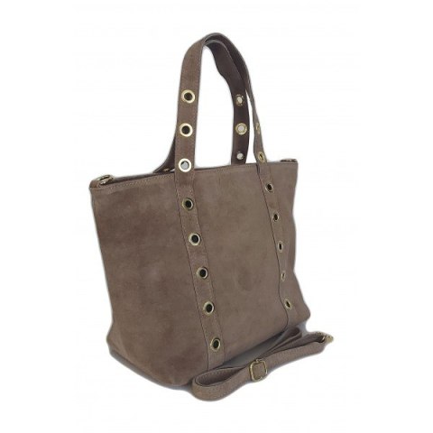 Skórzany Włoski worek ,torba na ramię Vera Pelle miękki zamsz złote dżety-kółka, pojemna A4 Beż WZK25T