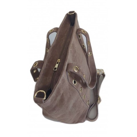 Skórzany Włoski worek ,torba na ramię Vera Pelle miękki zamsz złote dżety-kółka, pojemna A4 Beż WZK25T