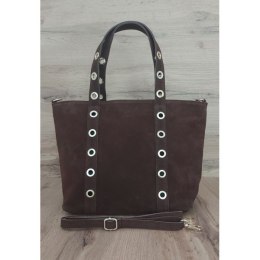 Skórzany Włoski worek ,torba na ramię Vera Pelle miękki zamsz złote dżety-kółka, pojemna A4 Brąz WZK25M