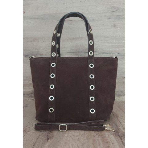 Skórzany Włoski worek ,torba na ramię Vera Pelle miękki zamsz złote dżety-kółka, pojemna A4 Brąz WZK25M