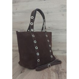 Skórzany Włoski worek ,torba na ramię Vera Pelle miękki zamsz złote dżety-kółka, pojemna A4 Brąz WZK25M