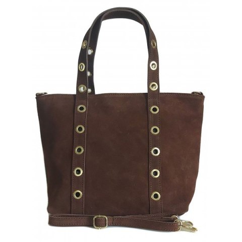 Skórzany Włoski worek ,torba na ramię Vera Pelle miękki zamsz złote dżety-kółka, pojemna A4 Brąz WZK25M