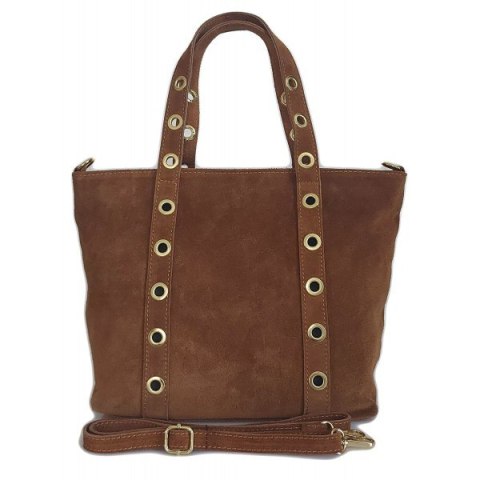 Skórzany Włoski worek ,torba na ramię Vera Pelle miękki zamsz złote dżety-kółka, pojemna A4 Camel WZK25C