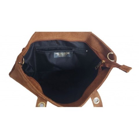 Skórzany Włoski worek ,torba na ramię Vera Pelle miękki zamsz złote dżety-kółka, pojemna A4 Camel WZK25C