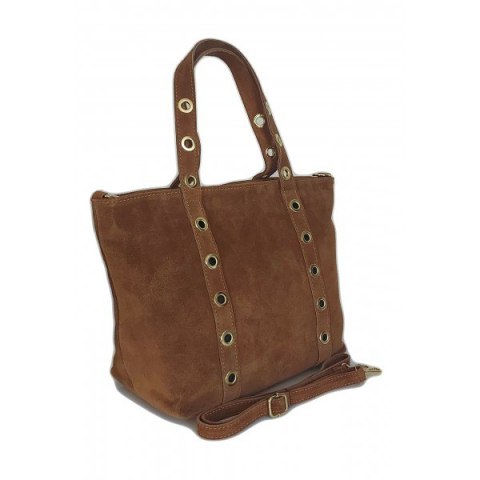 Skórzany Włoski worek ,torba na ramię Vera Pelle miękki zamsz złote dżety-kółka, pojemna A4 Camel WZK25C