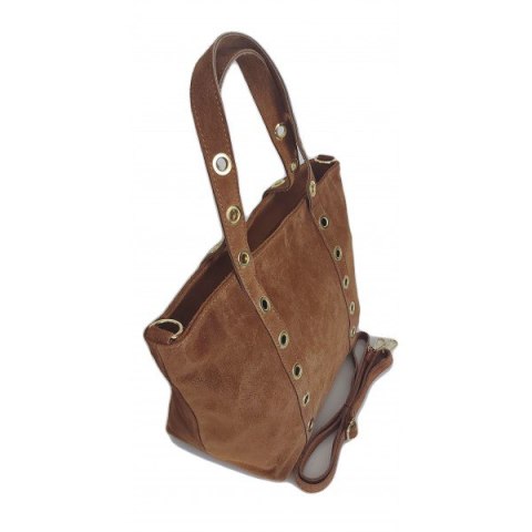 Skórzany Włoski worek ,torba na ramię Vera Pelle miękki zamsz złote dżety-kółka, pojemna A4 Camel WZK25C